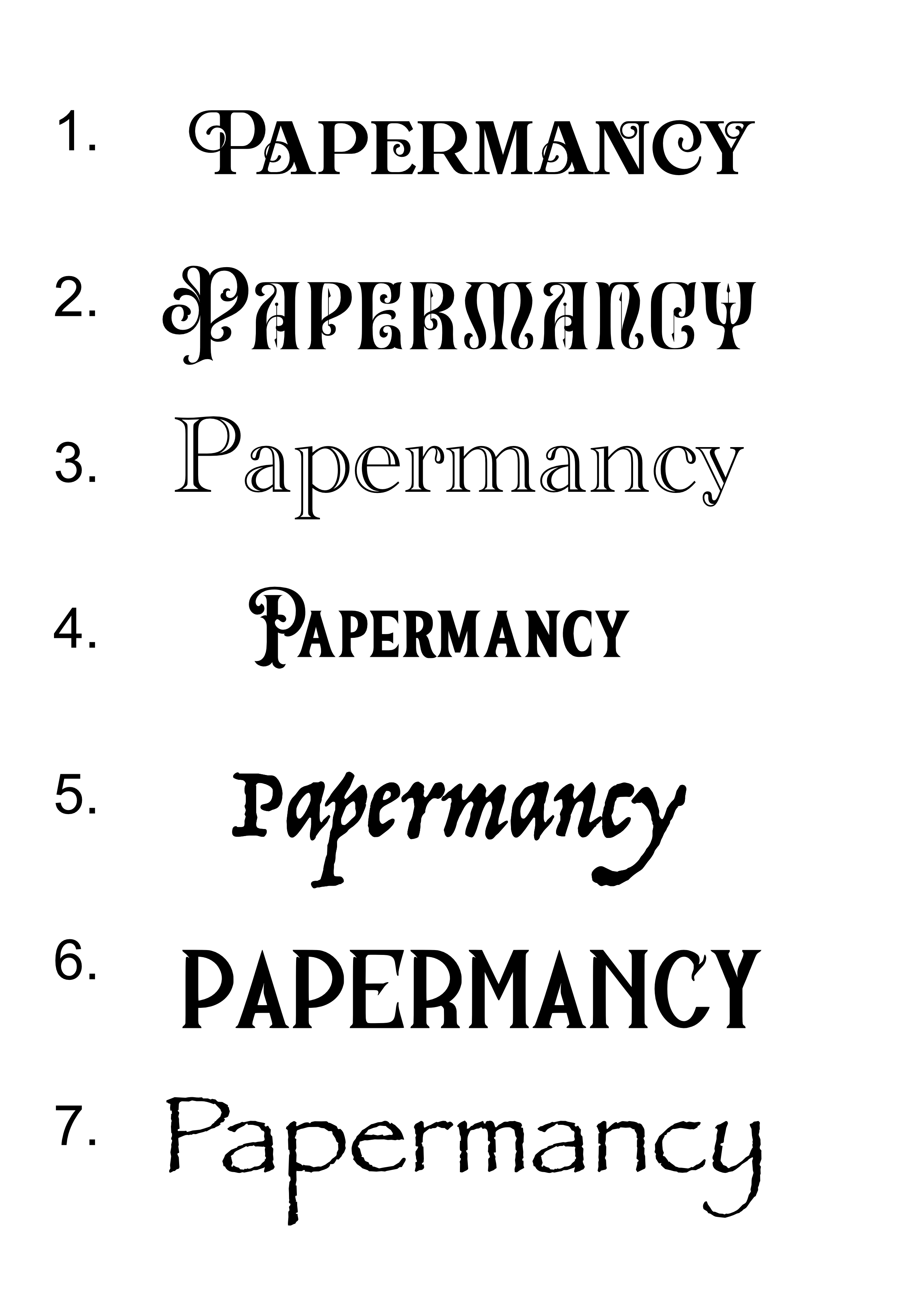 several different fonts all show the word "Papermancy"