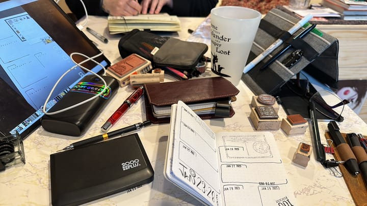 A table top filled with notebooks, pens, pencils, iPads, stamps, and other stationery supplies.